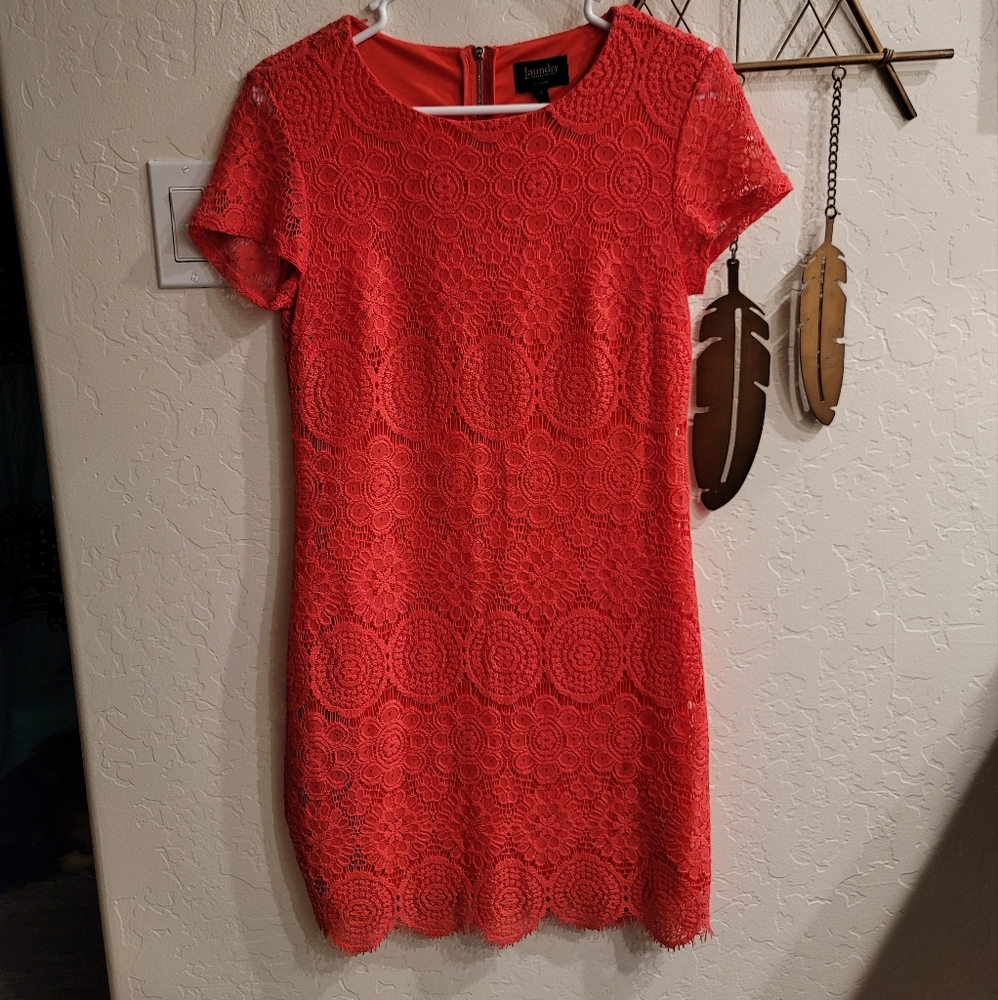 Coral lace dress, medium to short.  Size 2 fits like a 4